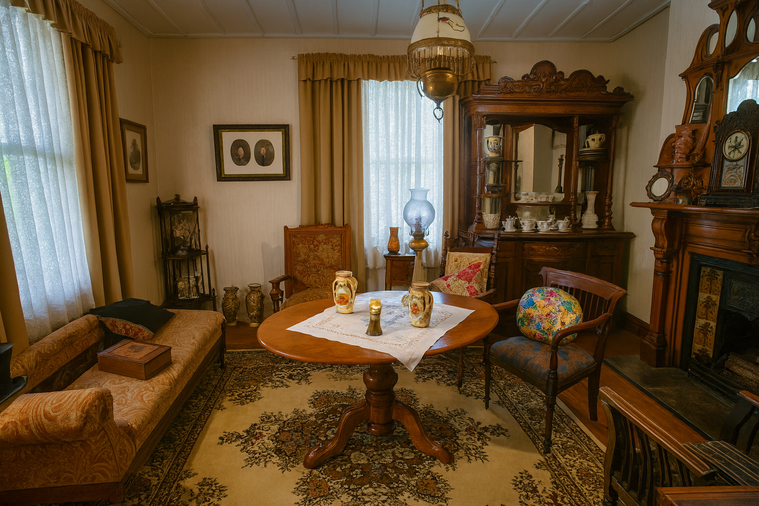 Victorian living room with ornate wood furniture, lace curtains, and antique decor.