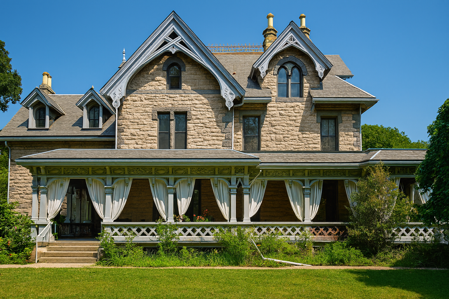 Victorian mansion in East Greenwich, Rhode Island with ornate gables and historic detailing.