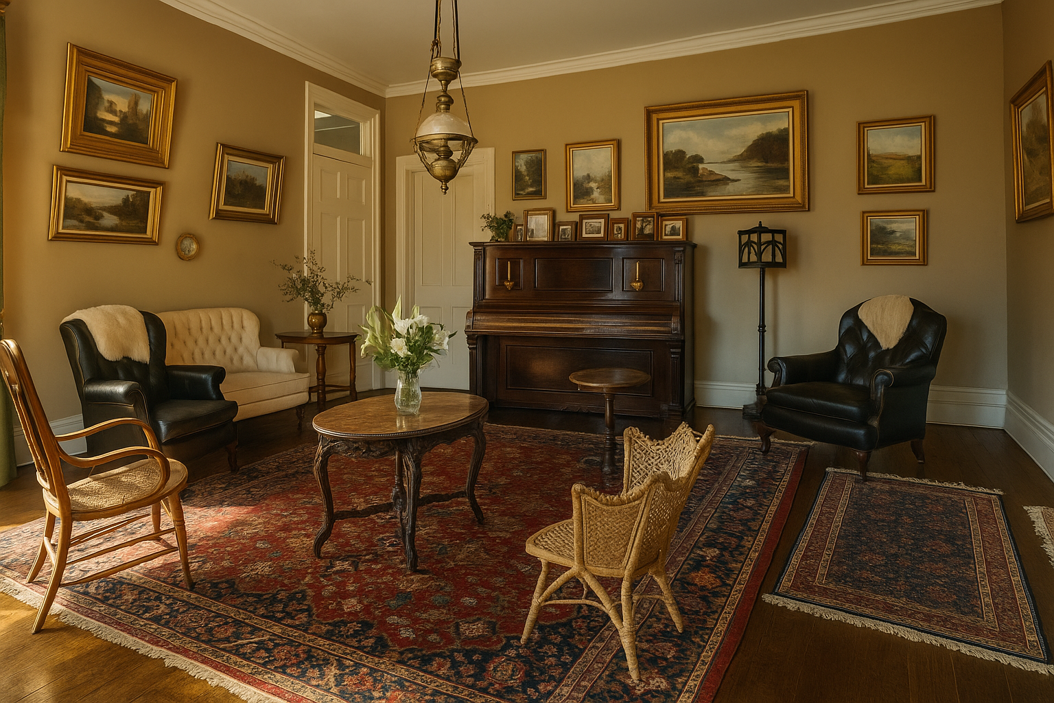 Restored Victorian parlour with piano, paintings, and sunlit furnishings.