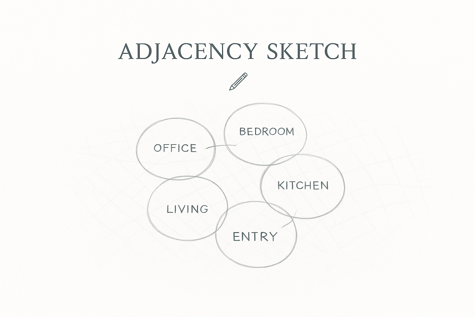 Bubble diagram showing adjacency of office, bedroom, kitchen, living, and entry.