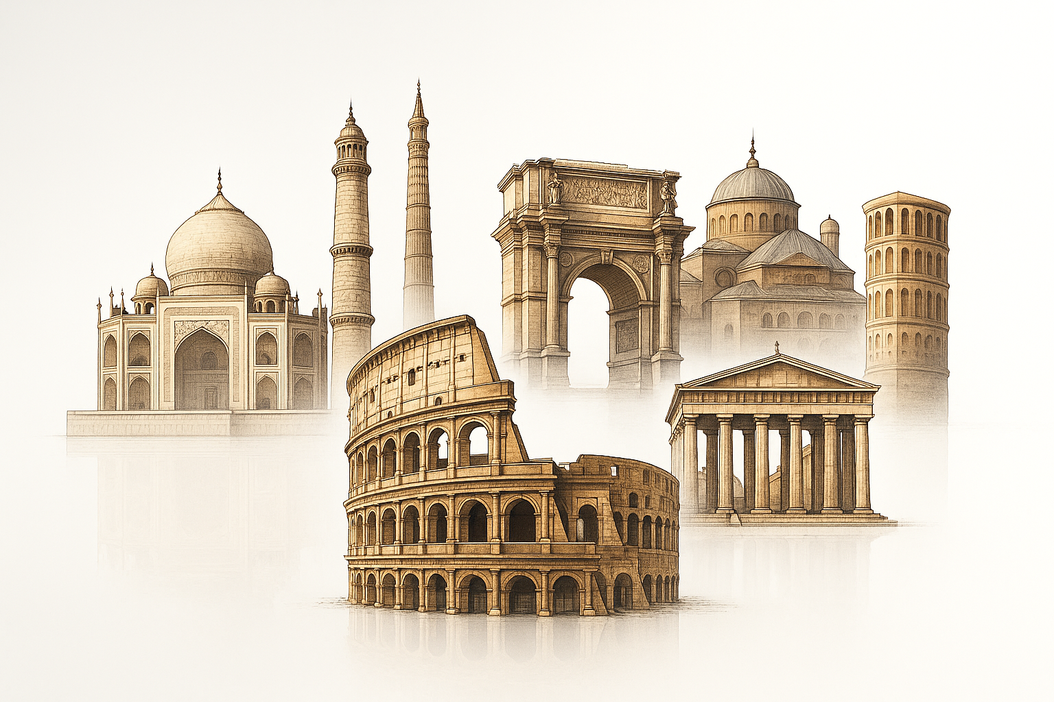 Seven iconic ancient buildings including the Colosseum, Taj Mahal, and Roman Forum.