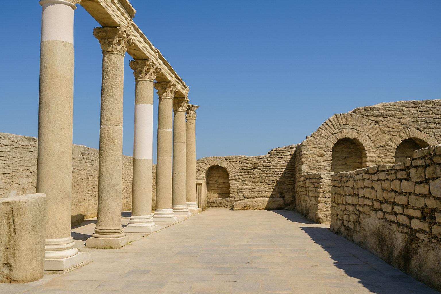 Ancient Greek ruins with stone columns and arches.