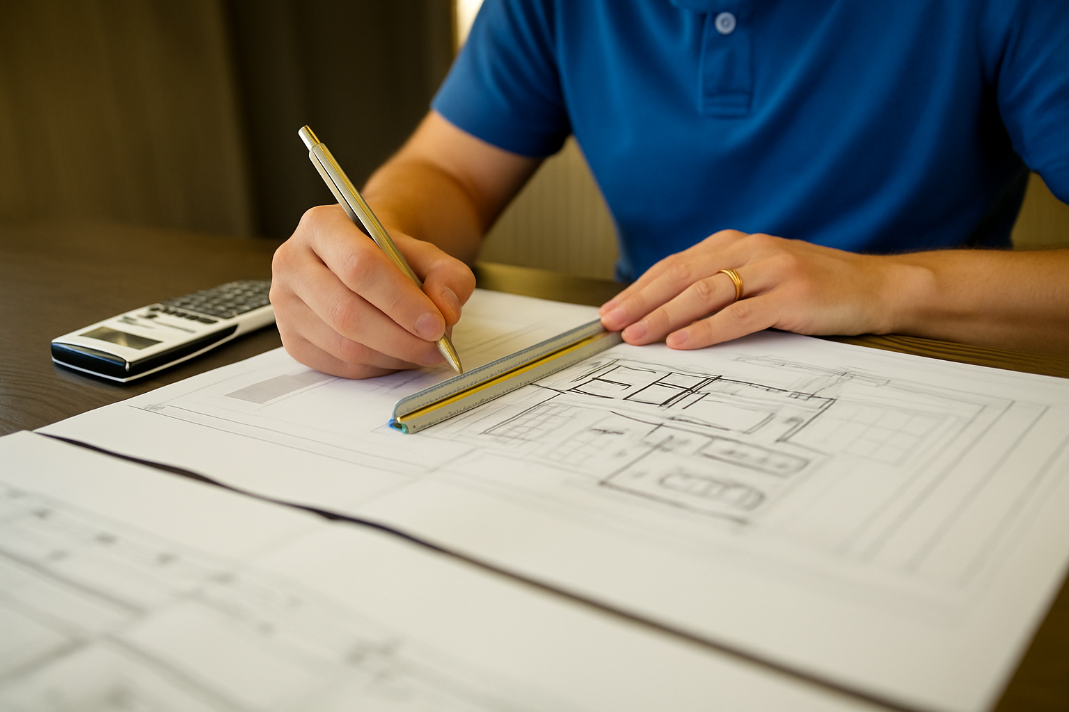 Architect using a ruler and pen while working on detailed house plans.