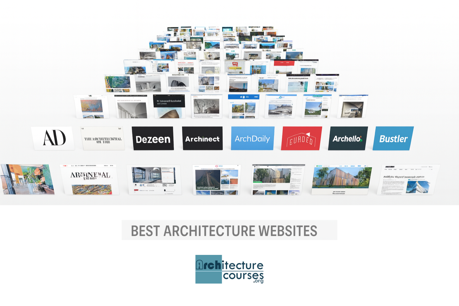Collage of top architecture websites including Dezeen, ArchDaily, Archinect, and ArchitectureCourses.org.