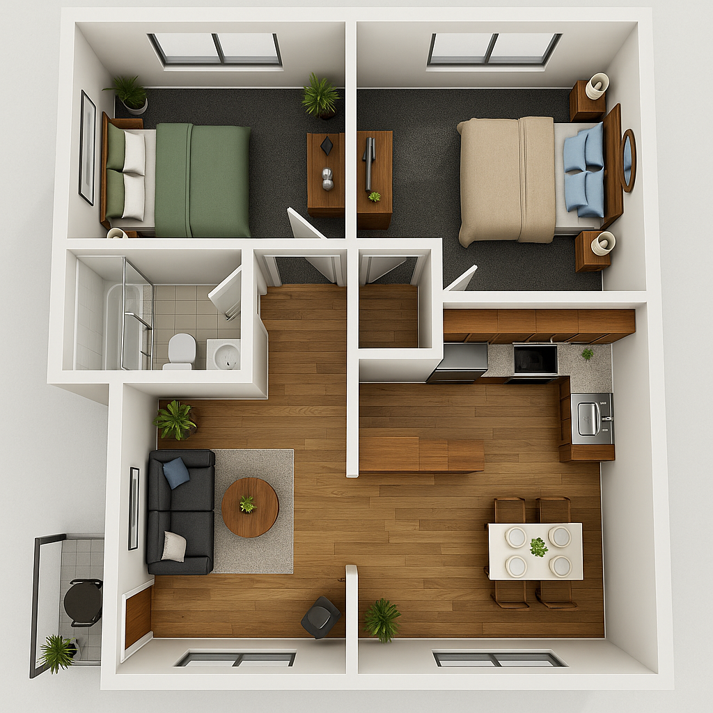 3D floor plan of a compact two-bedroom house with kitchen and living area.