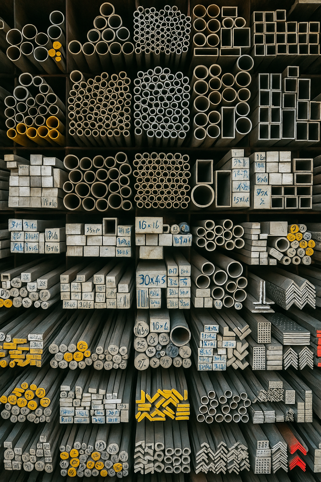 Collection of different steel types used in construction, including structural, reinforcement, and stainless steel.