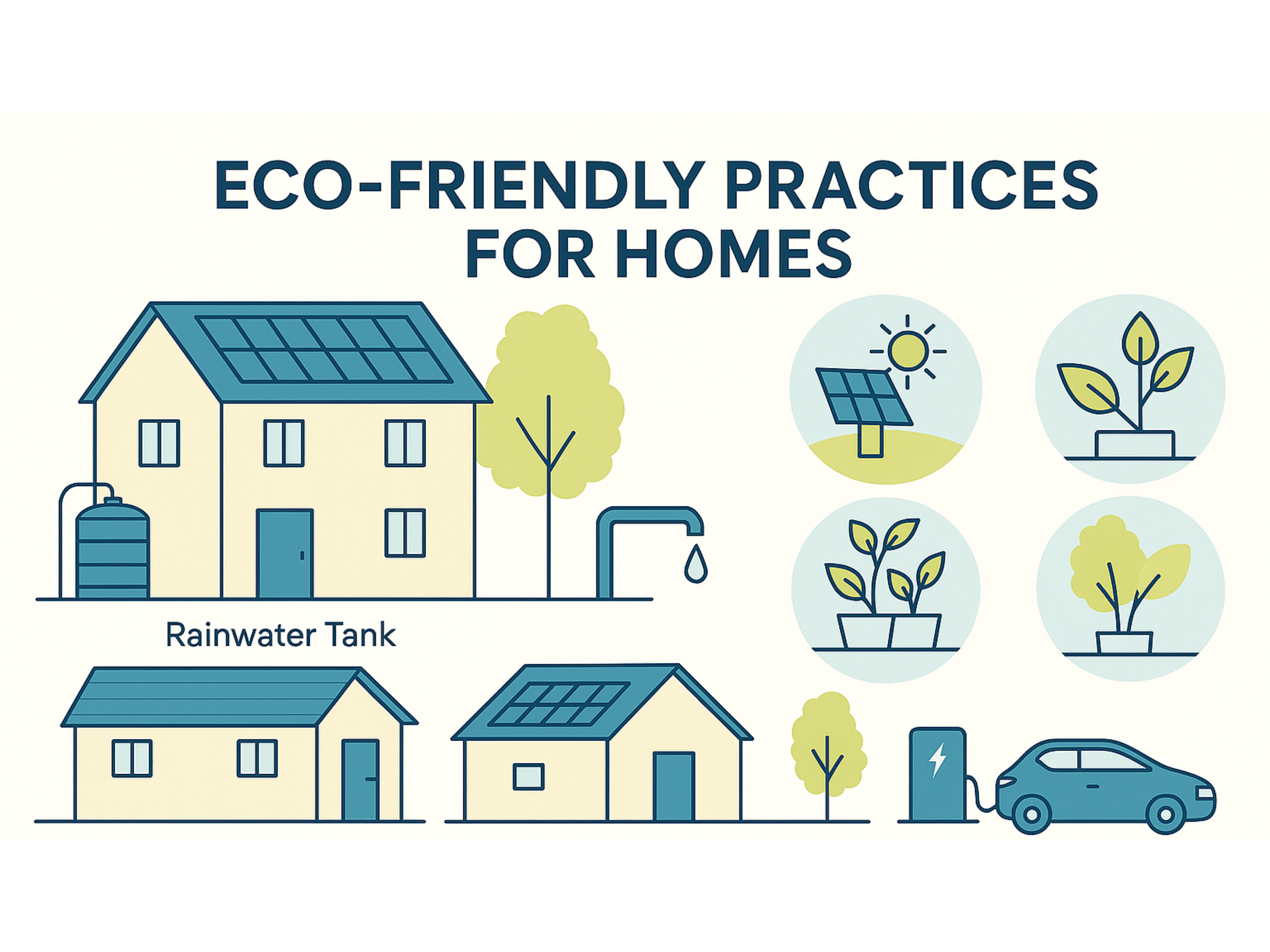 Illustration of eco-friendly home with solar panels, rainwater tank, and EV charging.