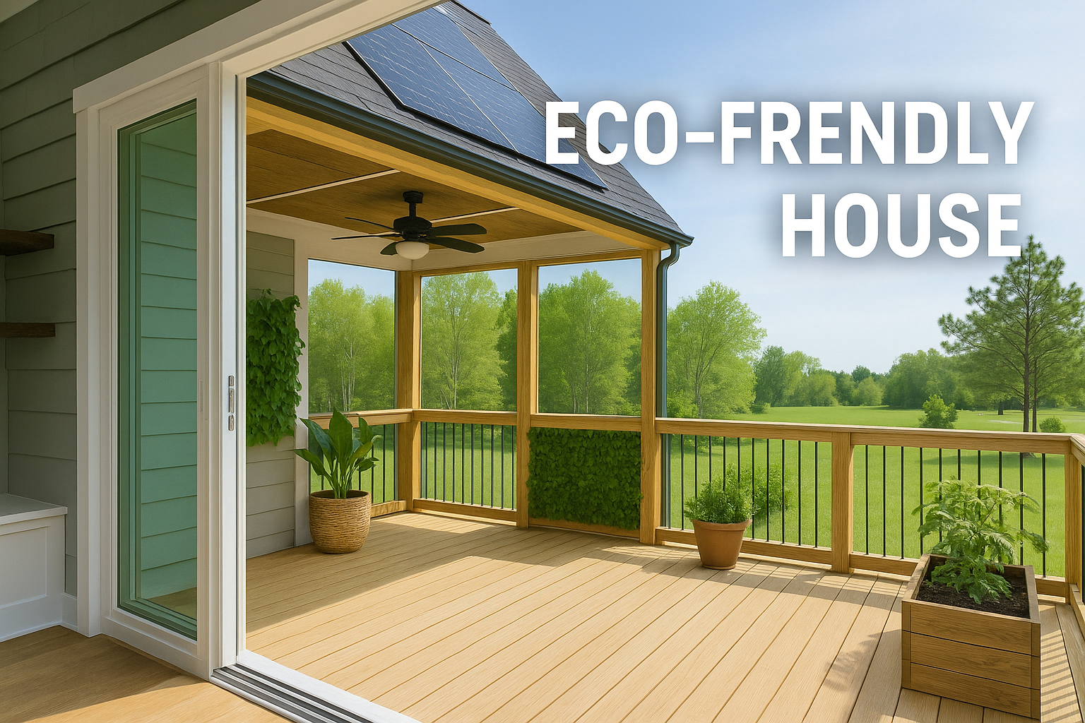 An eco-friendly porch with wooden deck, potted plants, and rain barrel overlooking green landscape.