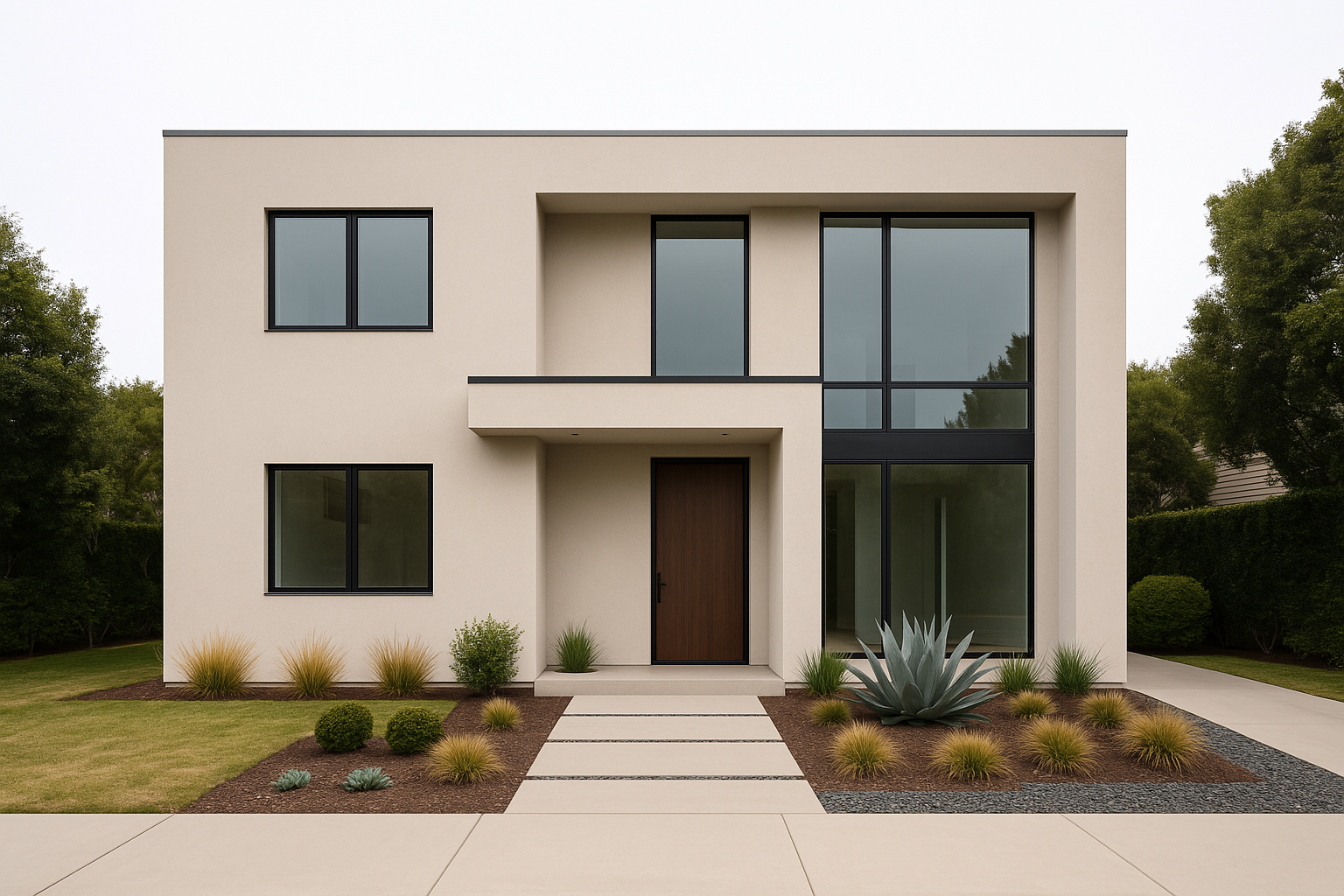 Warm off-white modern facade with large glass and wood pivot door.
