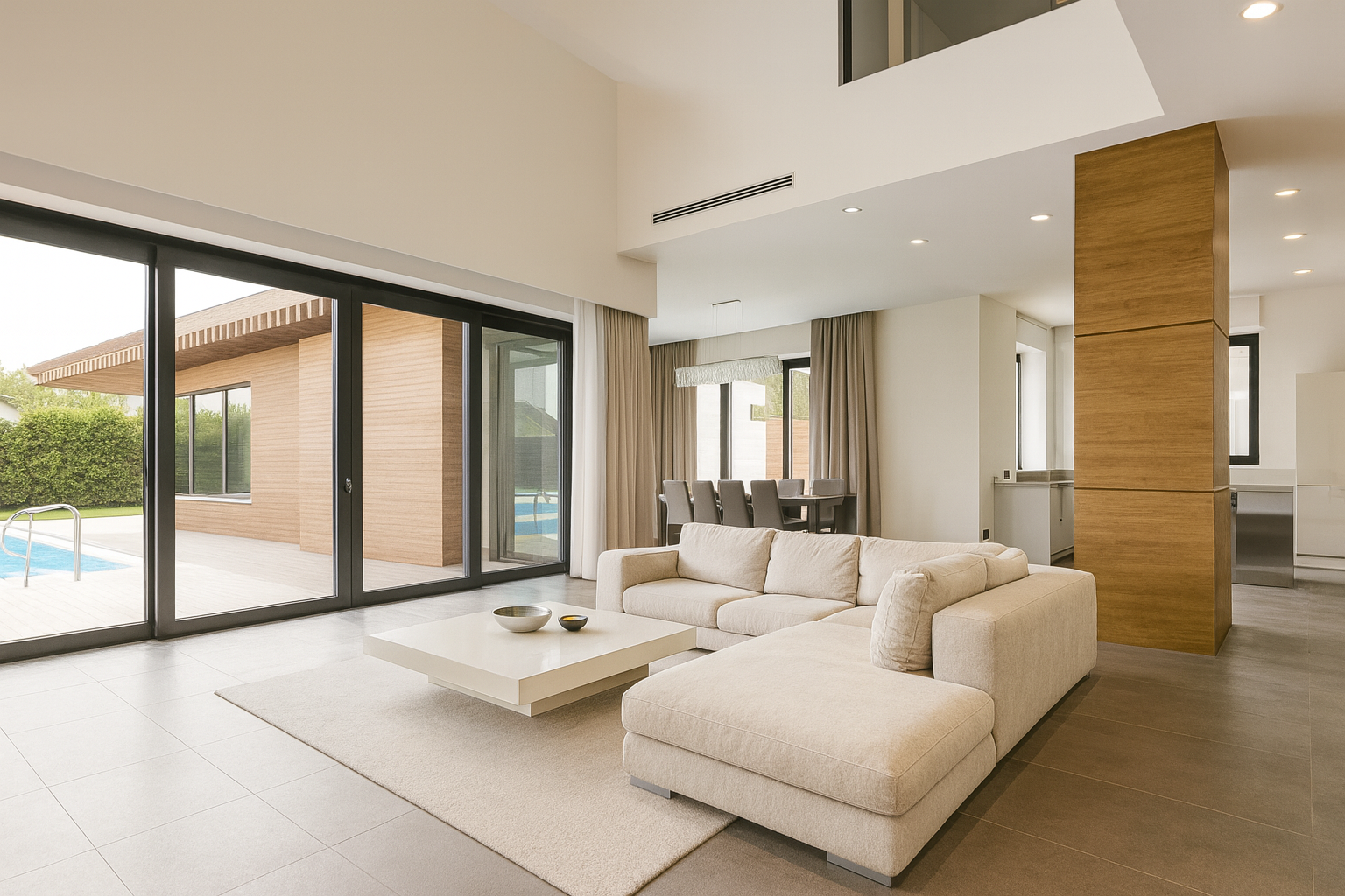 Expansive windows in a modern living room with marble flooring and beige sectional sofa.