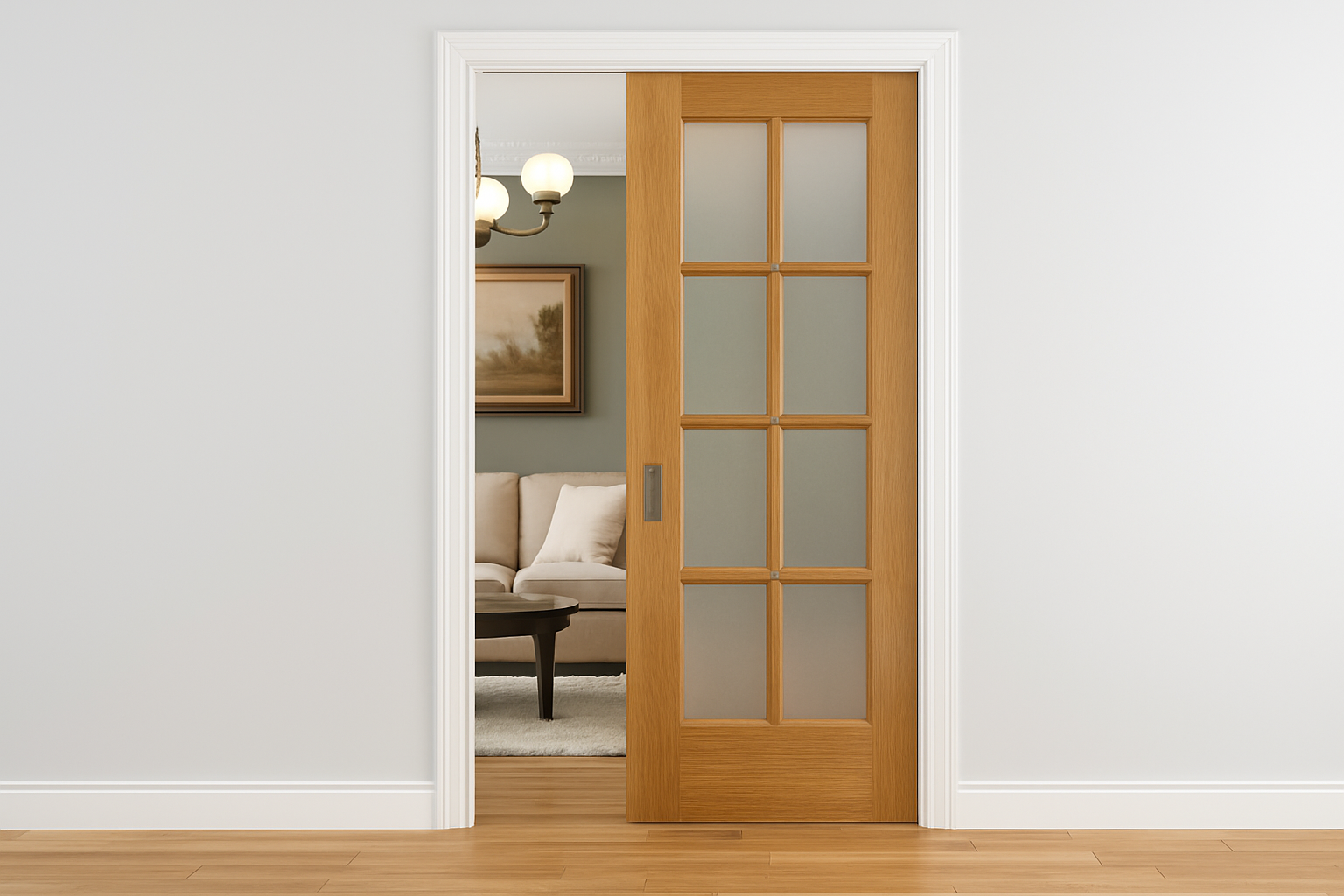 Interior with wide French-style pocket door in neutral tones.