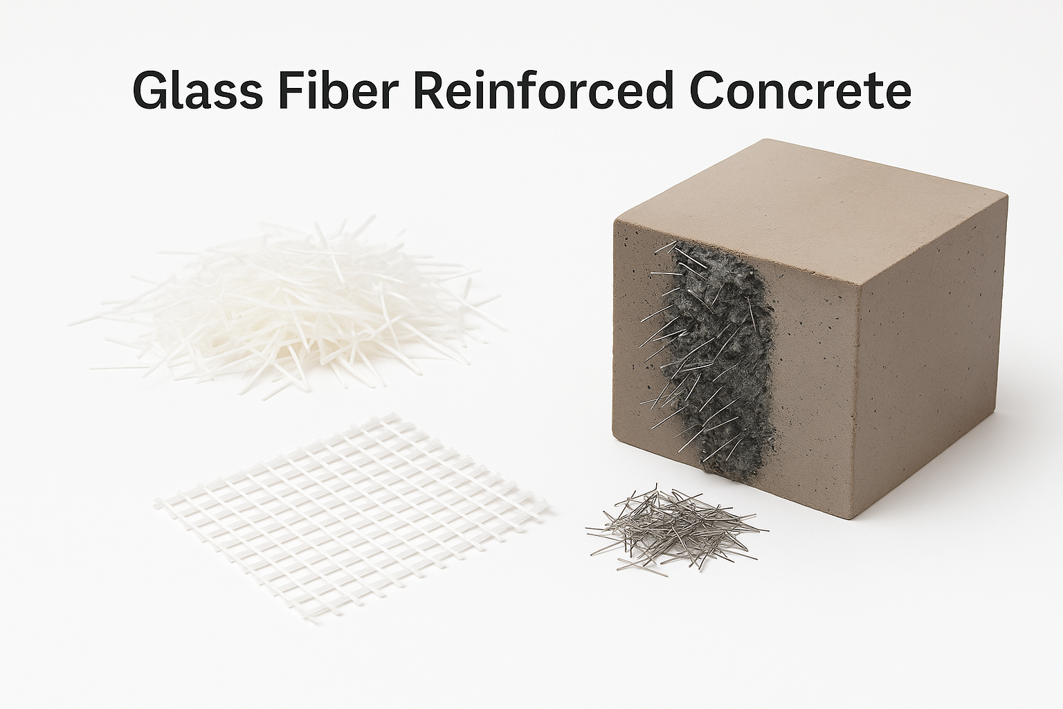 Glass fiber reinforced concrete block with exposed fibers and reinforcement materials.