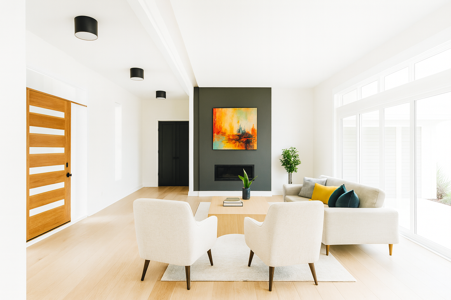 Neutral furniture and large windows in a contemporary living room with light wood flooring.