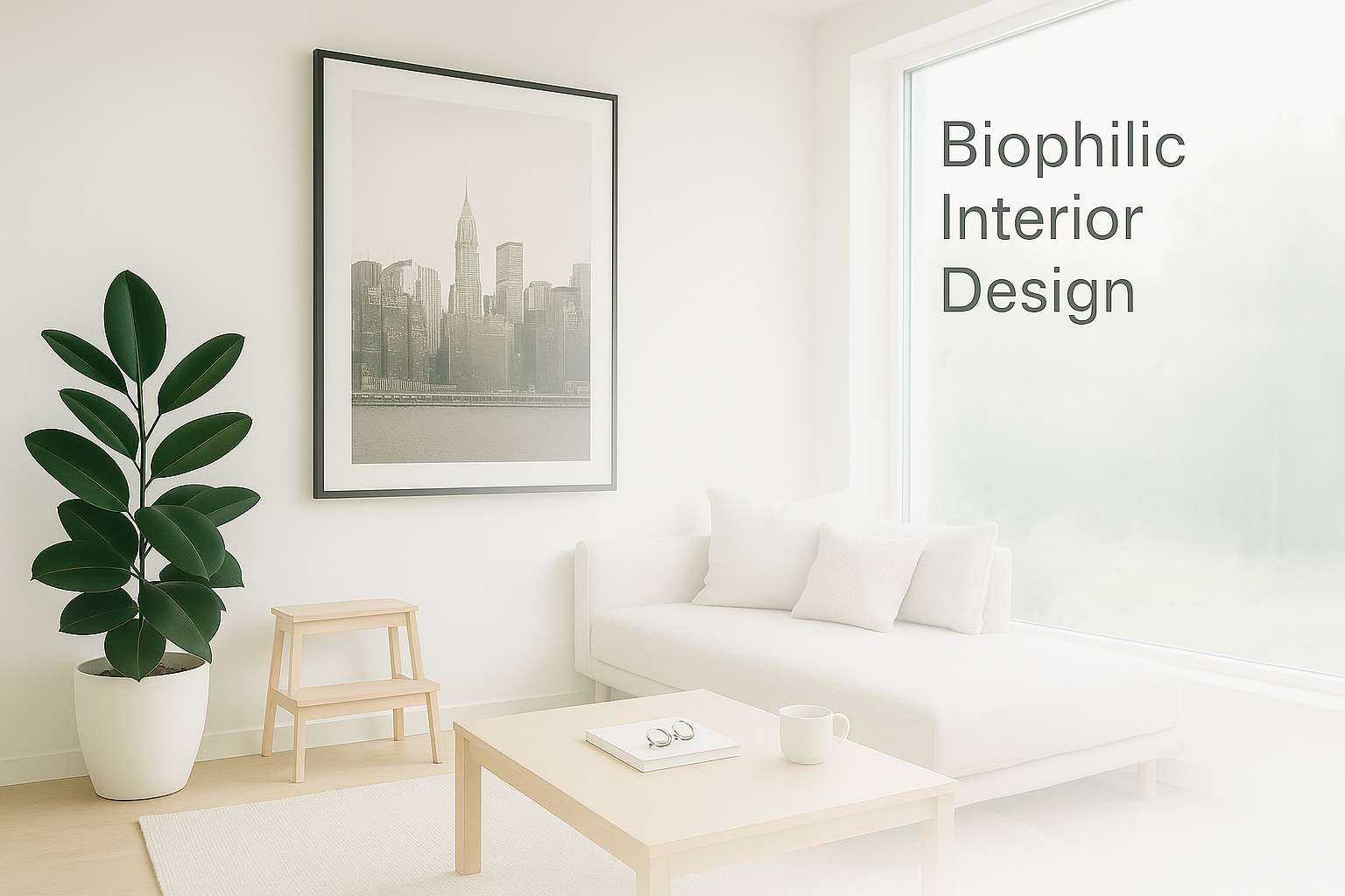 Minimalist living room with biophilic interior design.