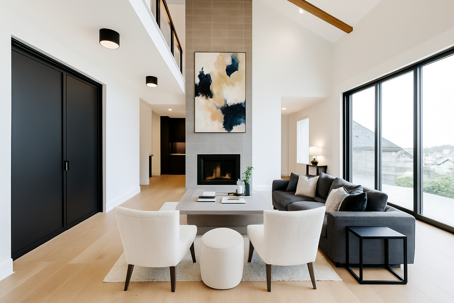 Modern living room with large windows, light wood flooring, and neutral furniture.