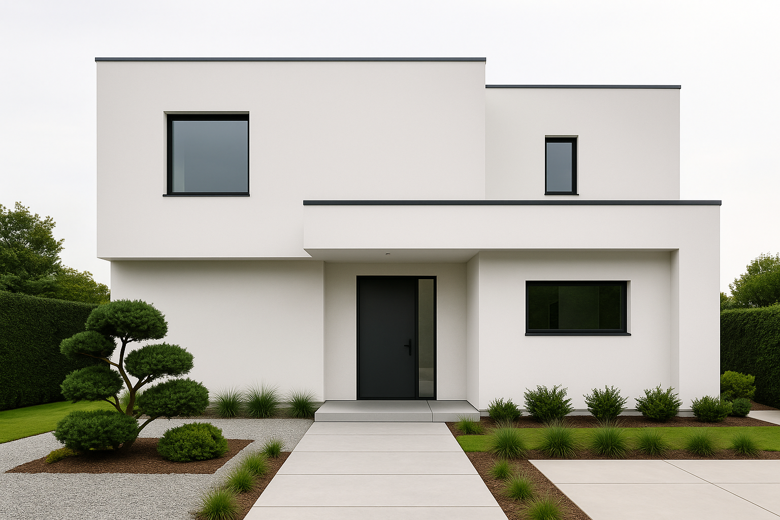 Minimal white stucco box with deep recess and geometric path.