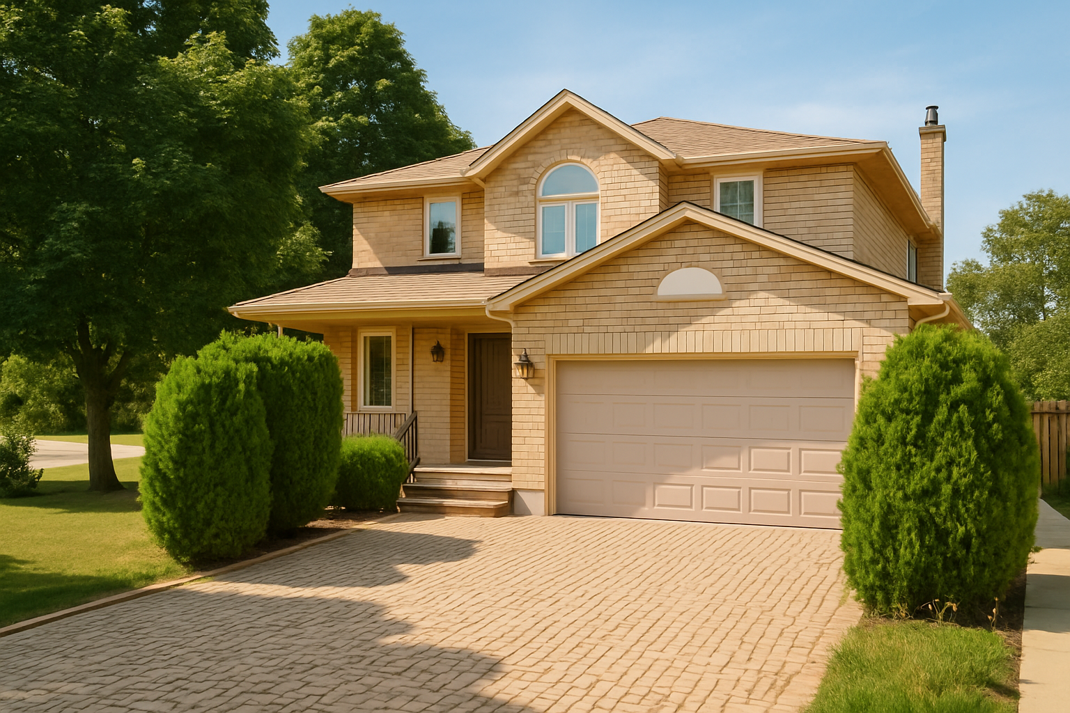 Two-story modern brick house with bright facade, garage, and landscaped front yard.