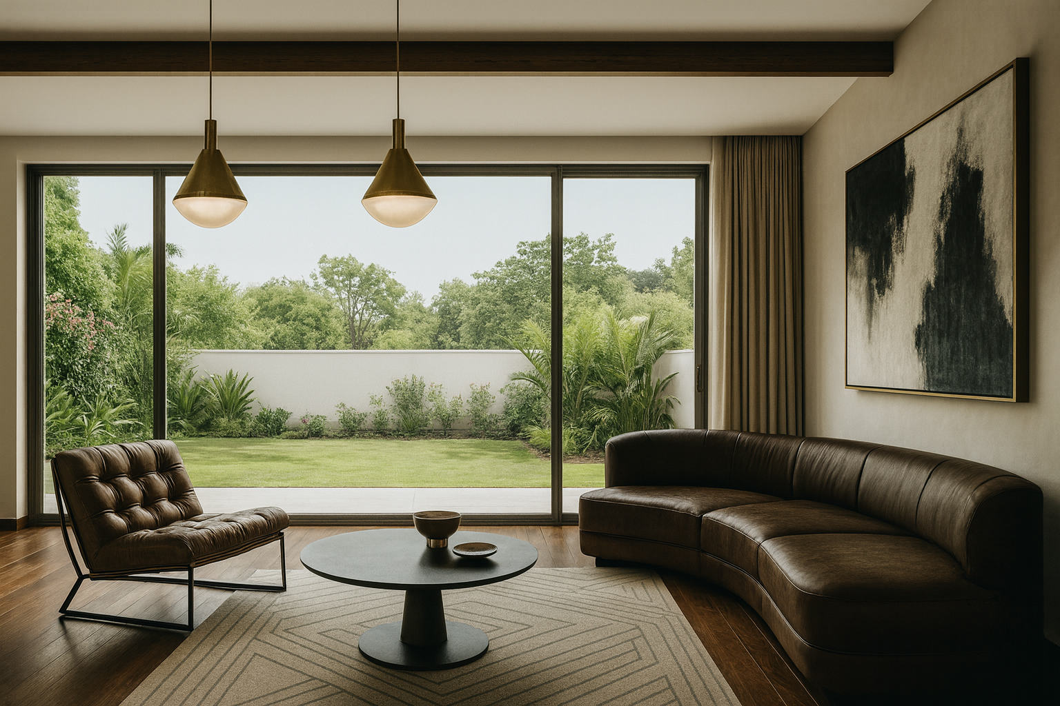 Modern glass living room designed by homeowner.