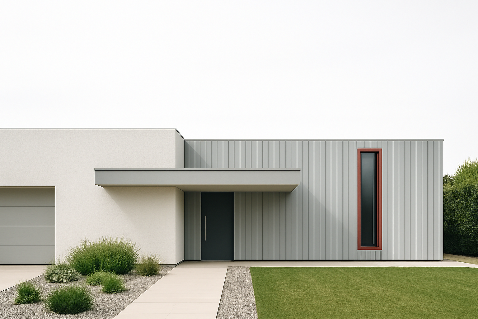 Modern house front elevation with entryway and street presence.