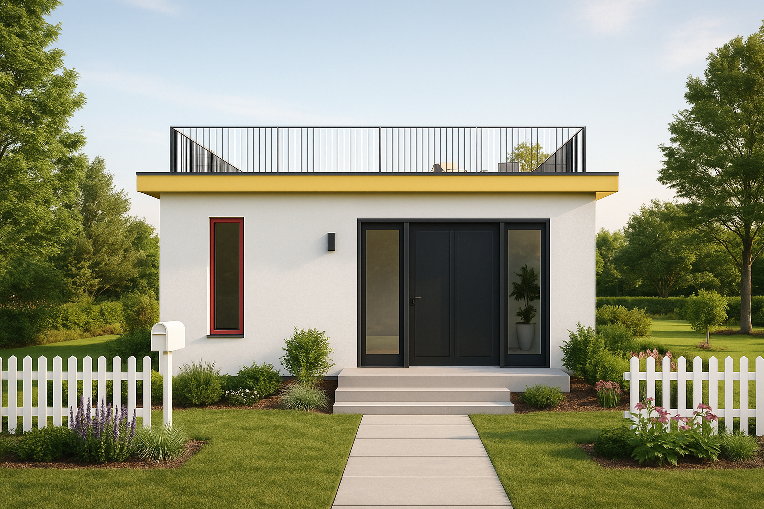 Small modern house with flat roof, rooftop seating area, wide front door, and vertical red-framed window.