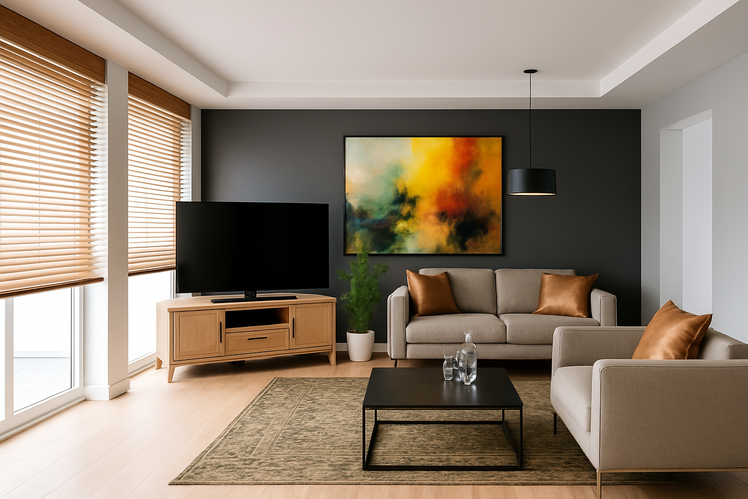 Modern living room featuring a minimalist ceiling and artwork on a dark accent wall.
