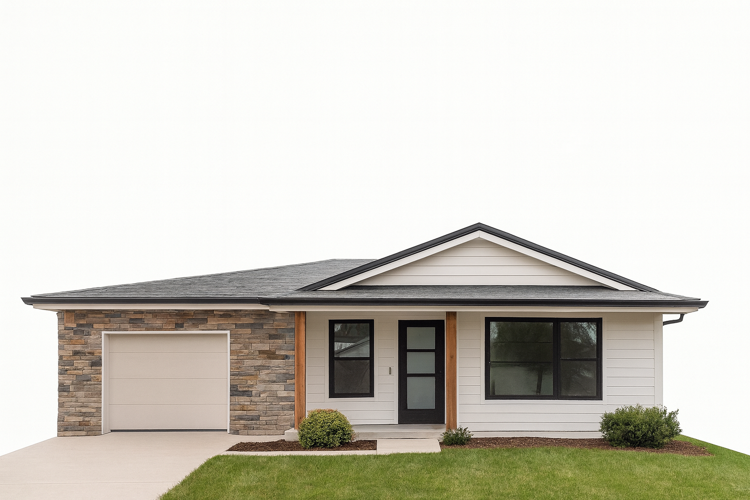 Modern single-story house with white facade, stone accents, black-framed windows, and a low roof.