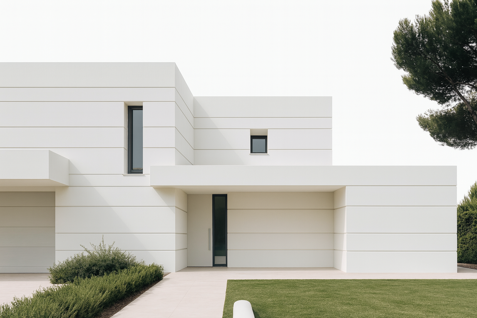 Contemporary white house with horizontal lines, minimalist facade, and landscaped garden.