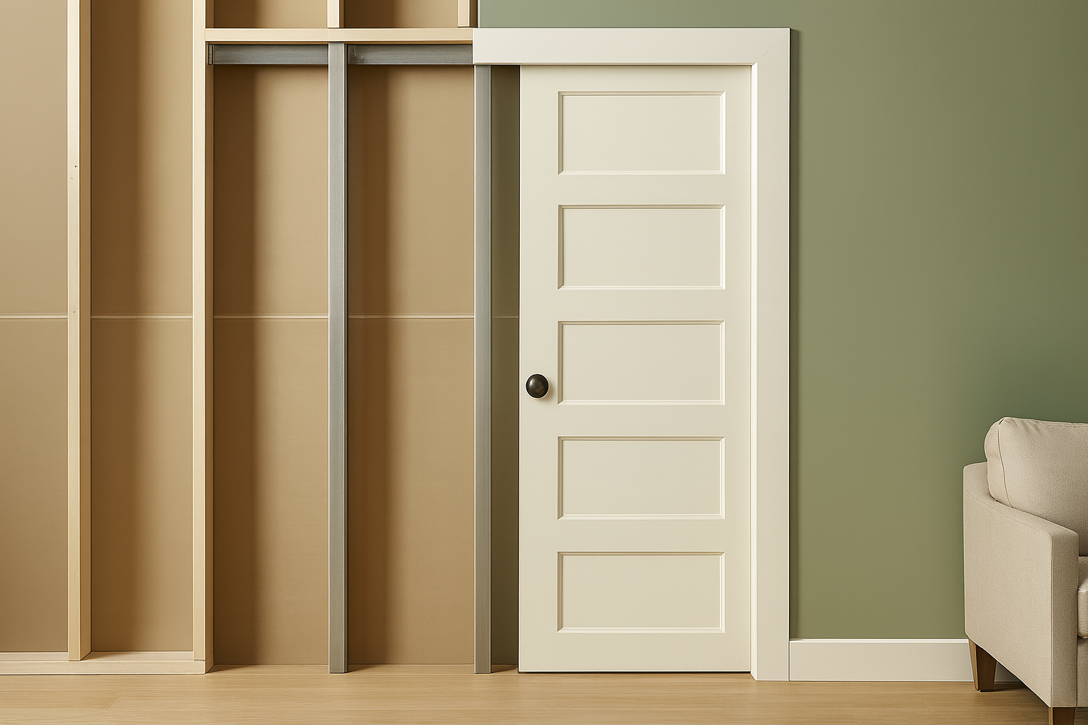 Contemporary living room featuring a pocket door with exposed track system.
