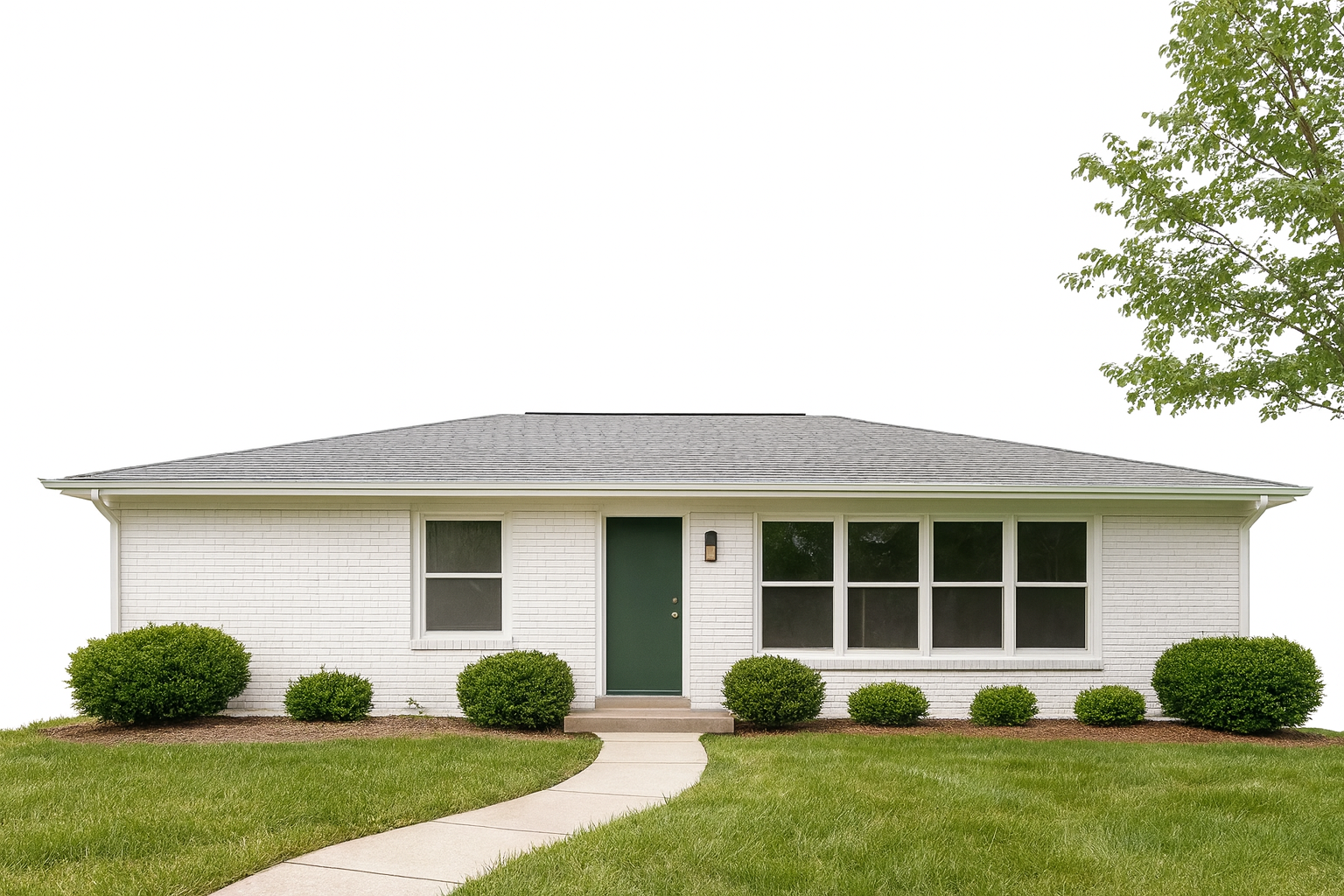A single-story mid-century white brick home with a green door, large windows, and manicured landscaping.