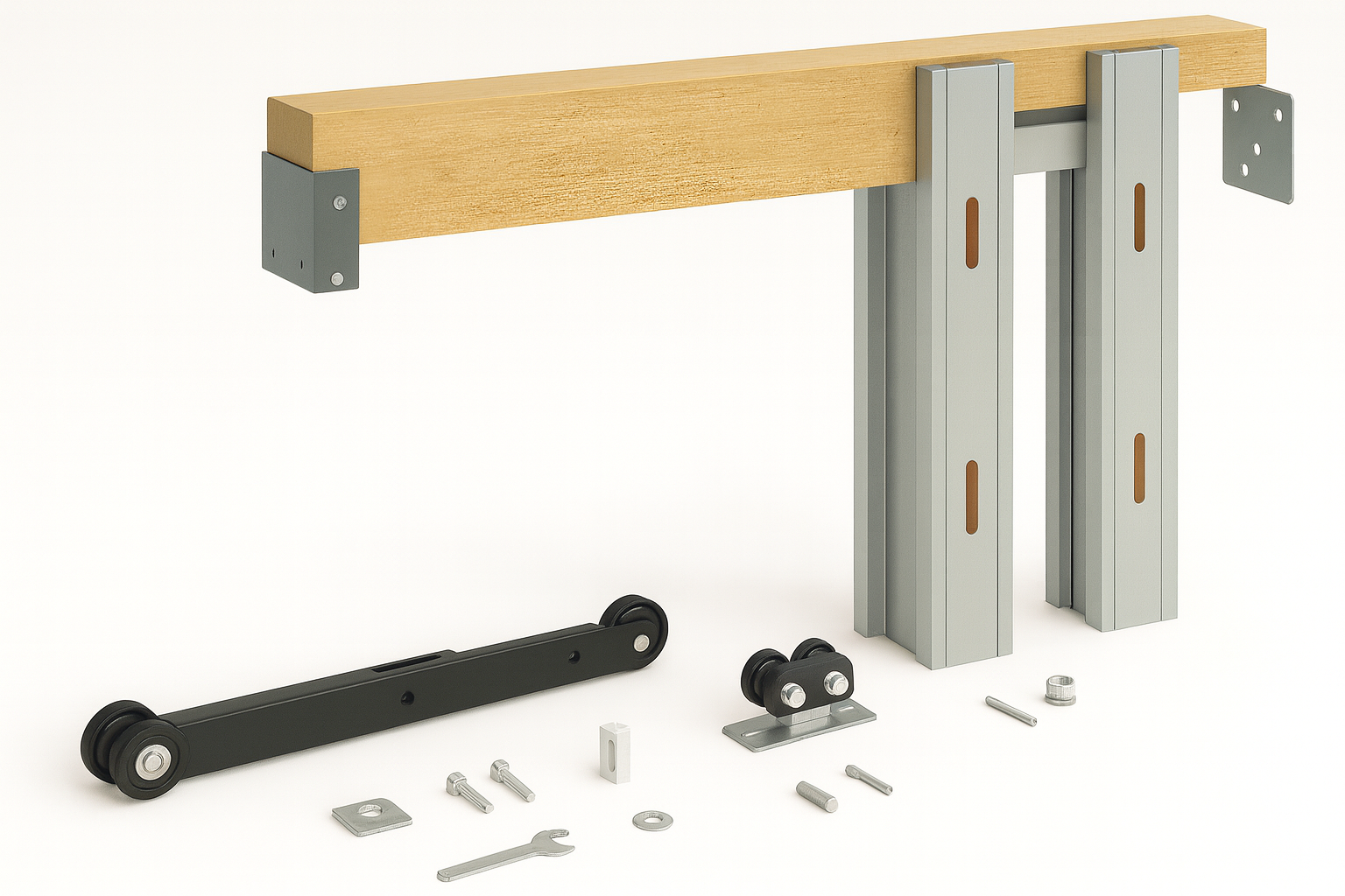 Sliding pocket door frame kit with metal tracks, rollers, and accessories.