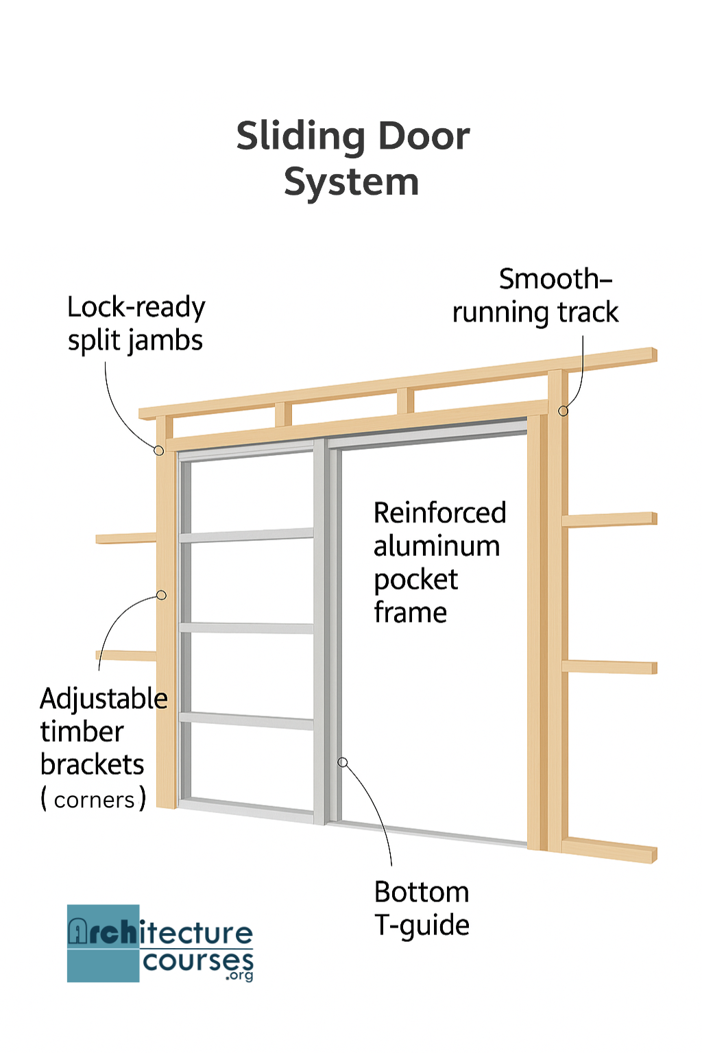 Diagram of sliding pocket door system with labeled frame parts.