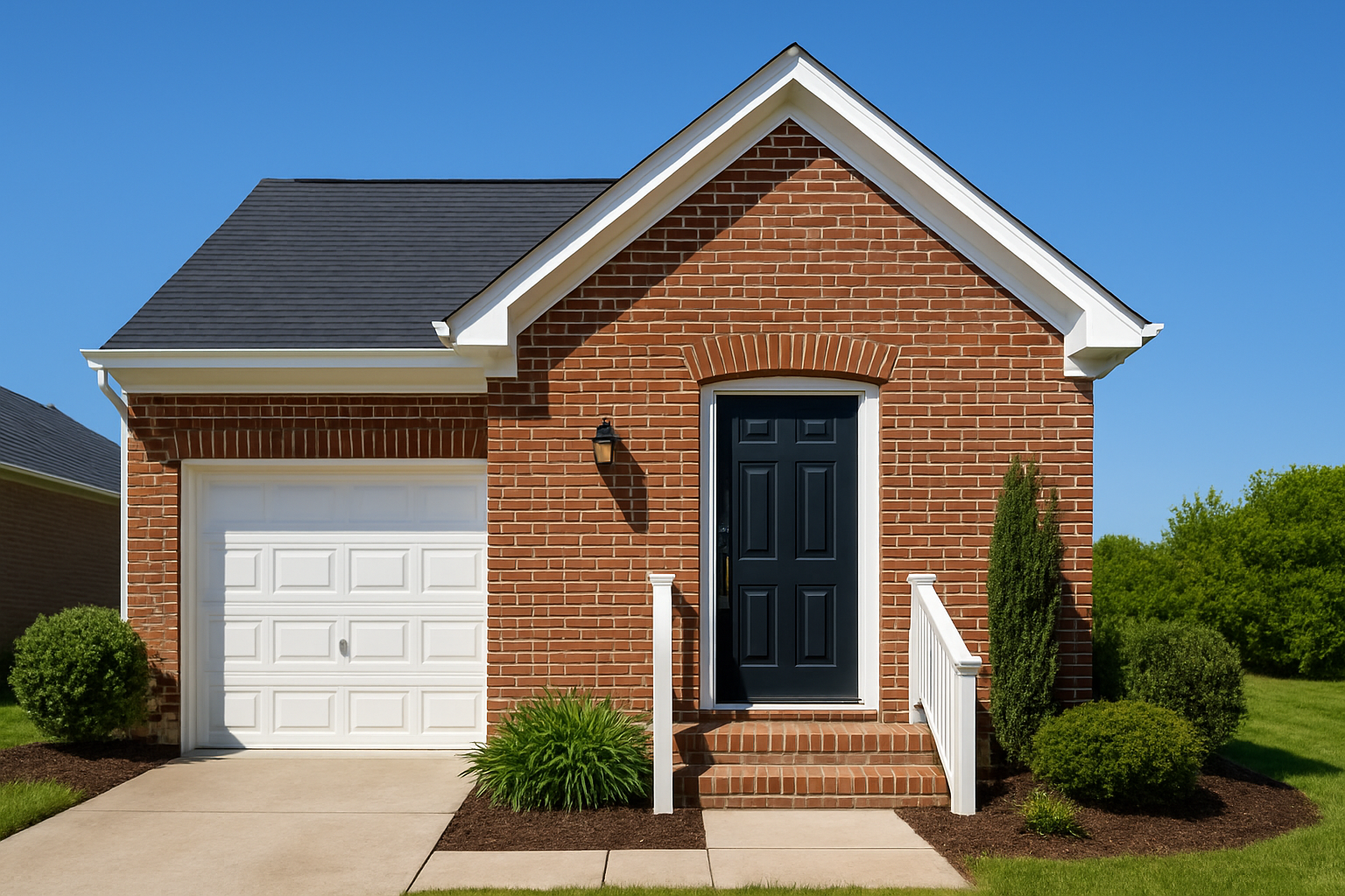 Compact brick home with single garage, neat landscaping, and a black front door.