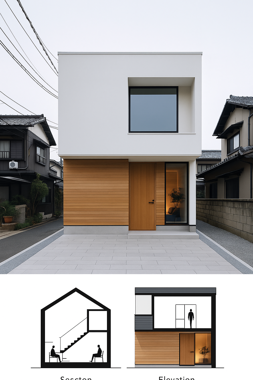 Two-story minimalist house with white stucco facade, wood-clad lower level, and modern elevation drawings.
