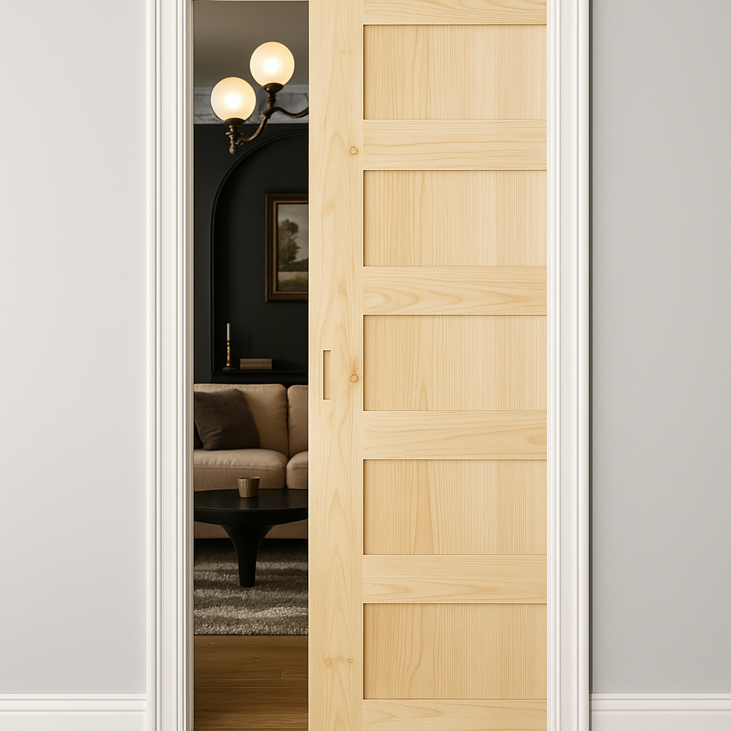 A stylish pocket door sliding into the wall of a modern living room.