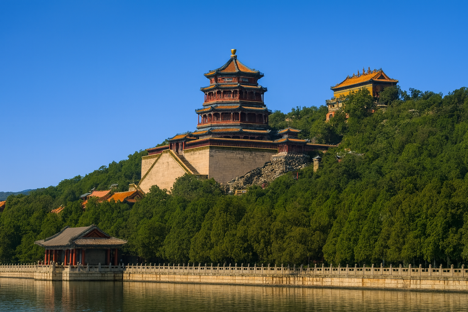 Summer Palace in Beijing with clear blue sky above Longevity Hill.
