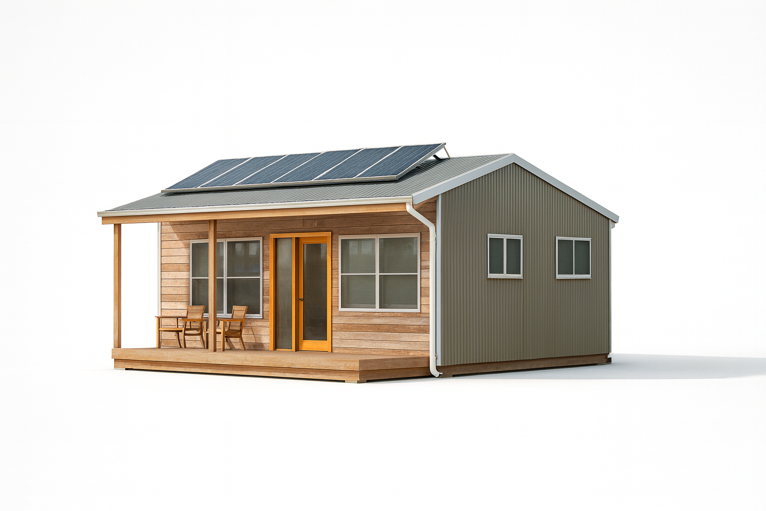 Modern eco-friendly cabin with solar panels and wooden porch.