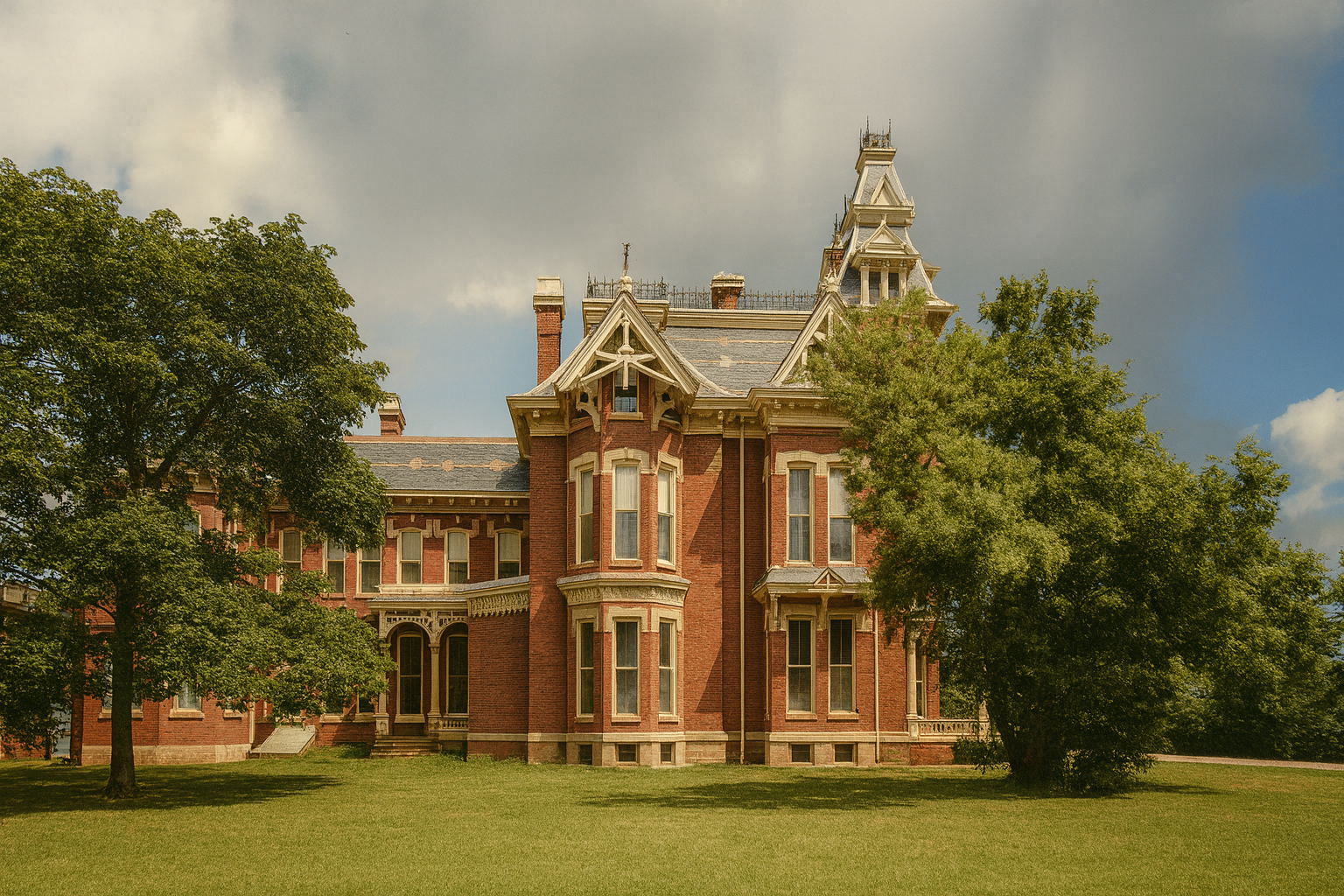 Restored real Victorian mansion exterior with red brick walls, slate roof, and decorative trim.