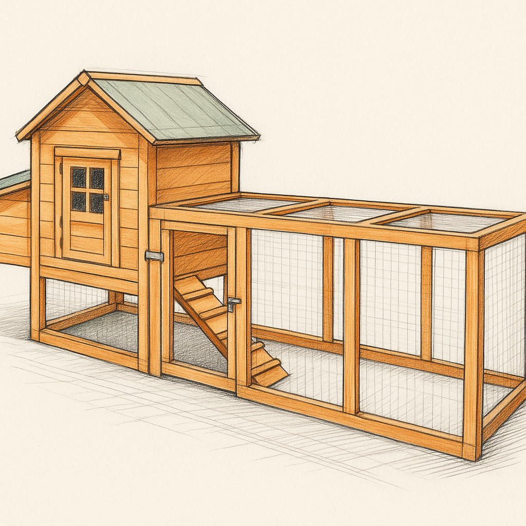 Hand-drawn sketch of a wooden chicken coop design.