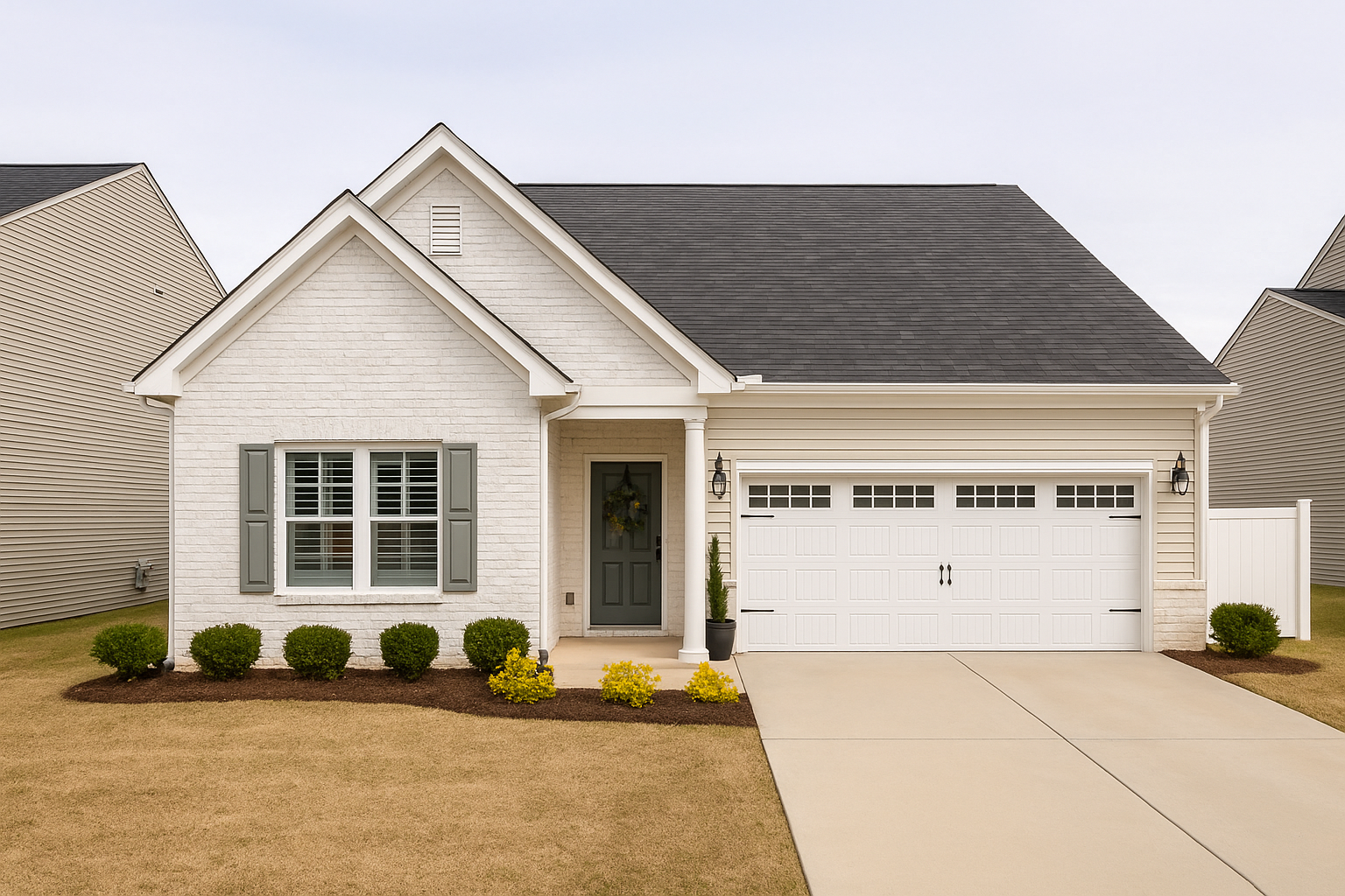 Front view of a suburban house with antique white brick exterior.