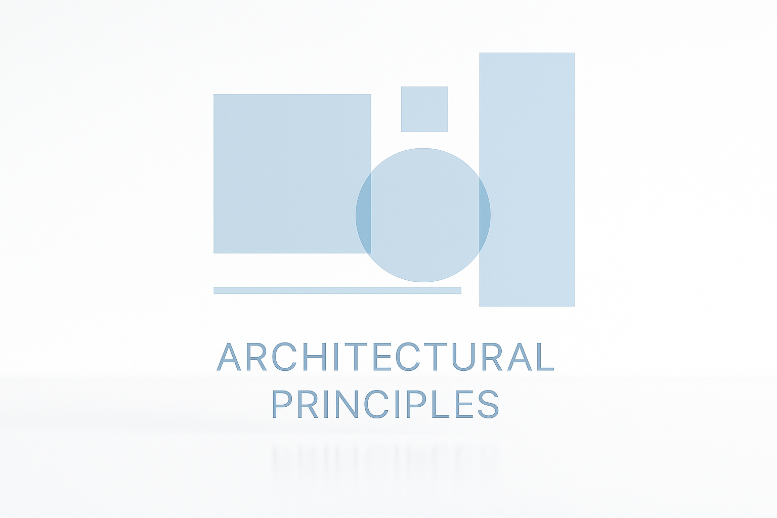 Minimalist architectural concept with geometric shapes and soft blue tones on a white reflective background.