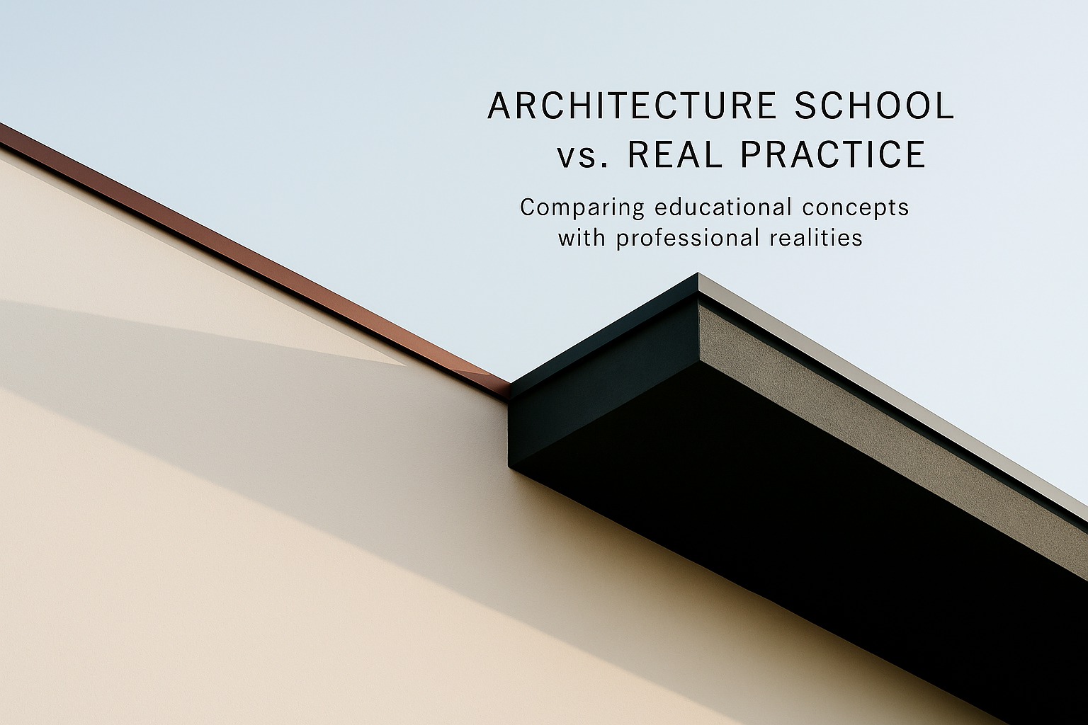 Architectural composition showing the contrast between architecture school theory and real-world construction practice.