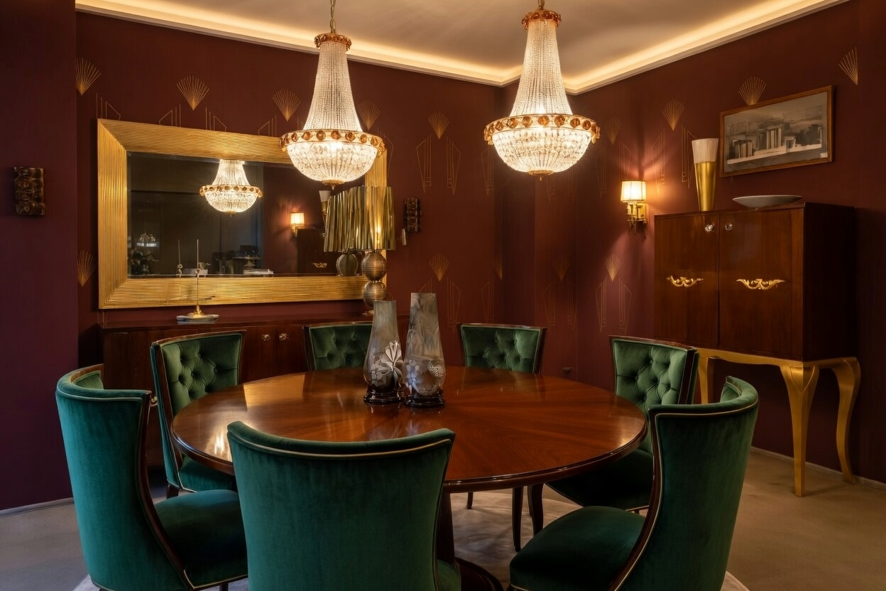 Art Deco-inspired dining room with deep red walls, crystal chandeliers, green velvet chairs, and polished wood furniture.