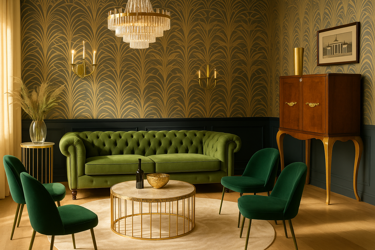 Sunlit Art Deco living room with green velvet sofa and gold accents.