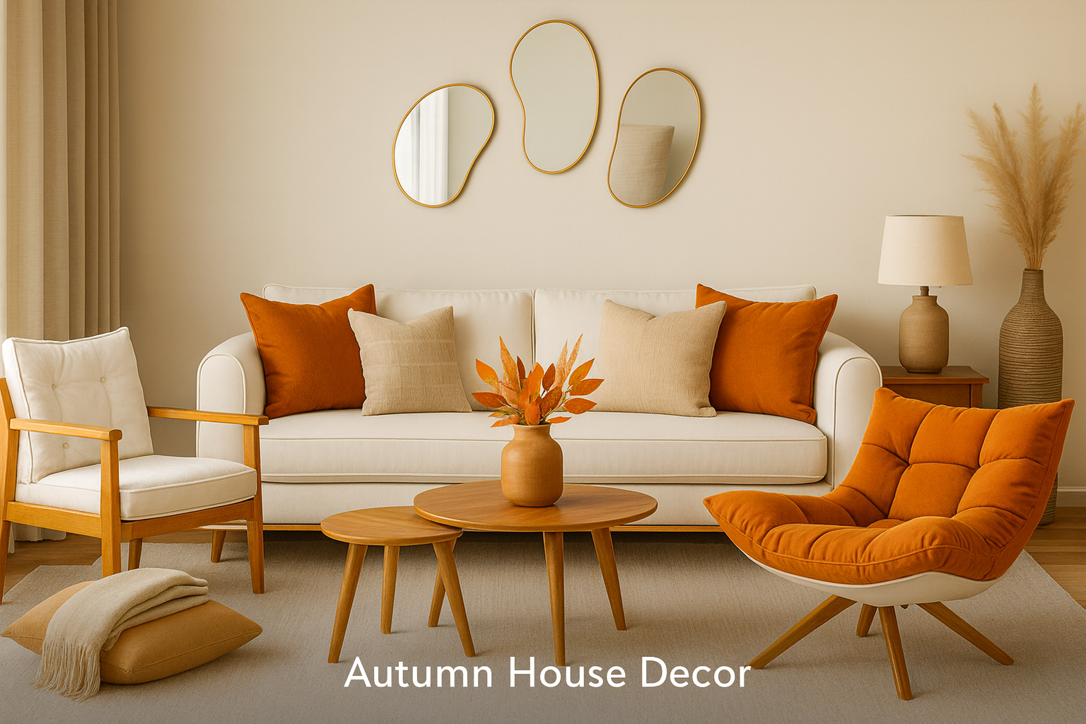 Cozy autumn living room with modern neutral furniture and warm seasonal tones.