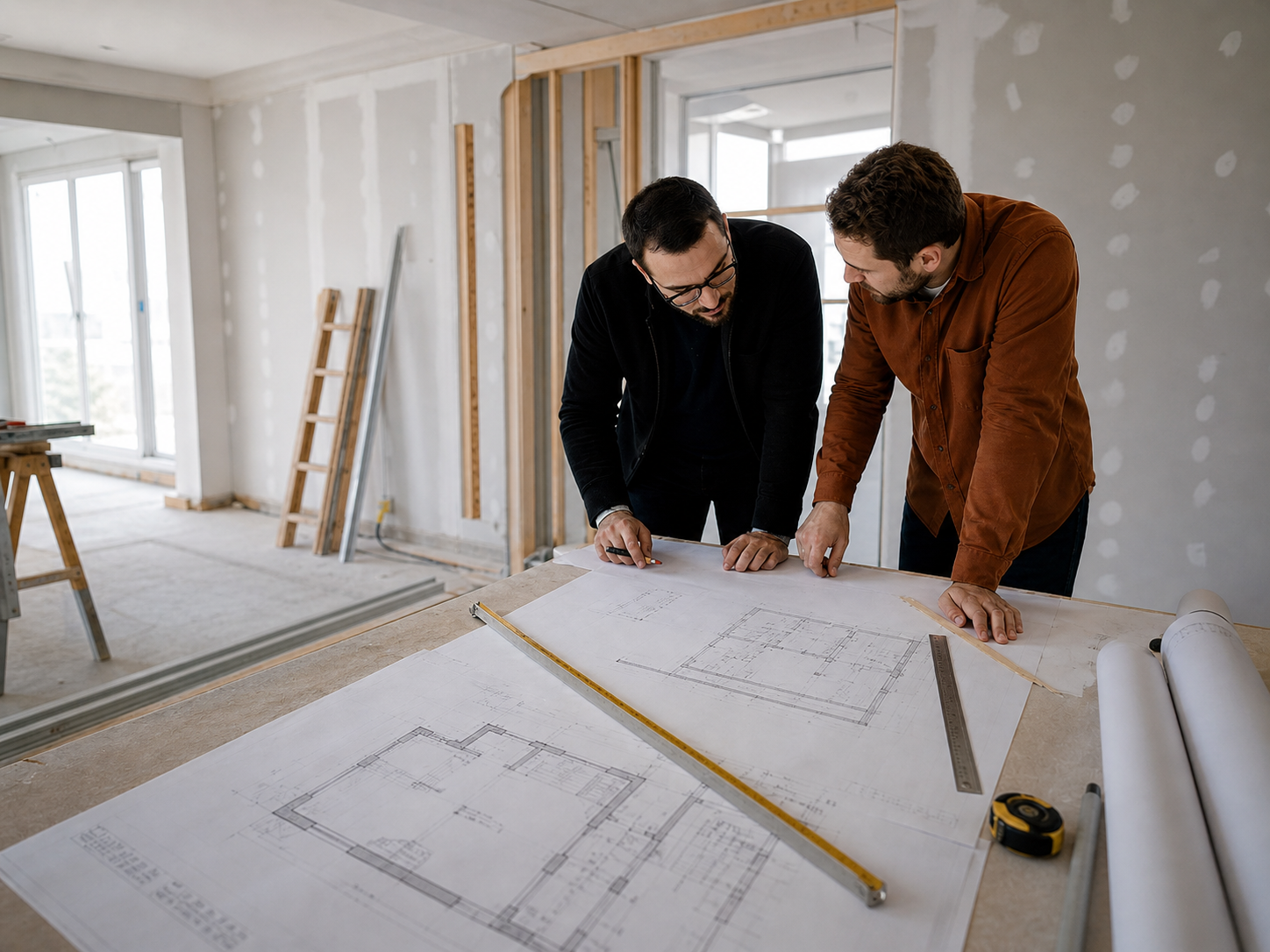 Home renovation plans spread across a work table while two people review the project inside an unfinished house.