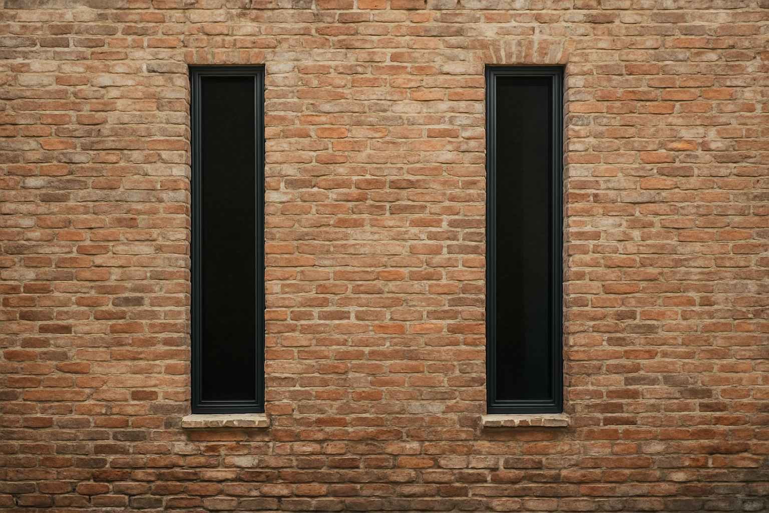 Symmetrical facade of restored old brick wall with two tall narrow contemporary windows.