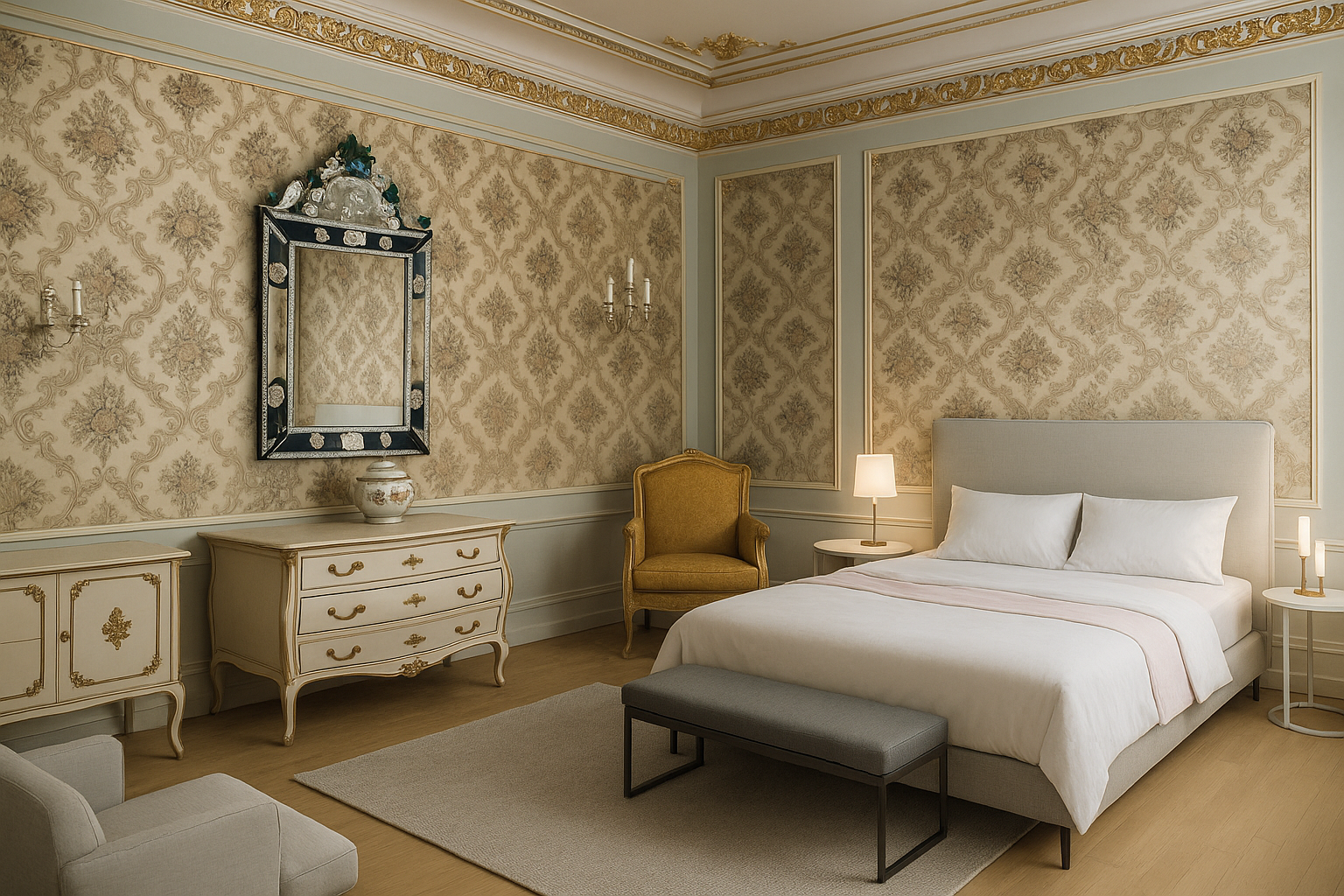 Refined Bucharest bedroom showing how consistent trim, casing, and wall details create a unified interior language.