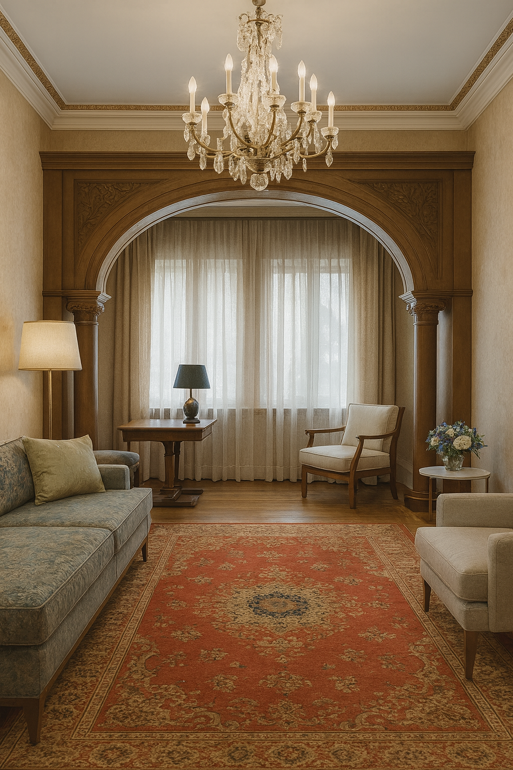 Elegant classic living room with archway, chandelier, and updated furniture.