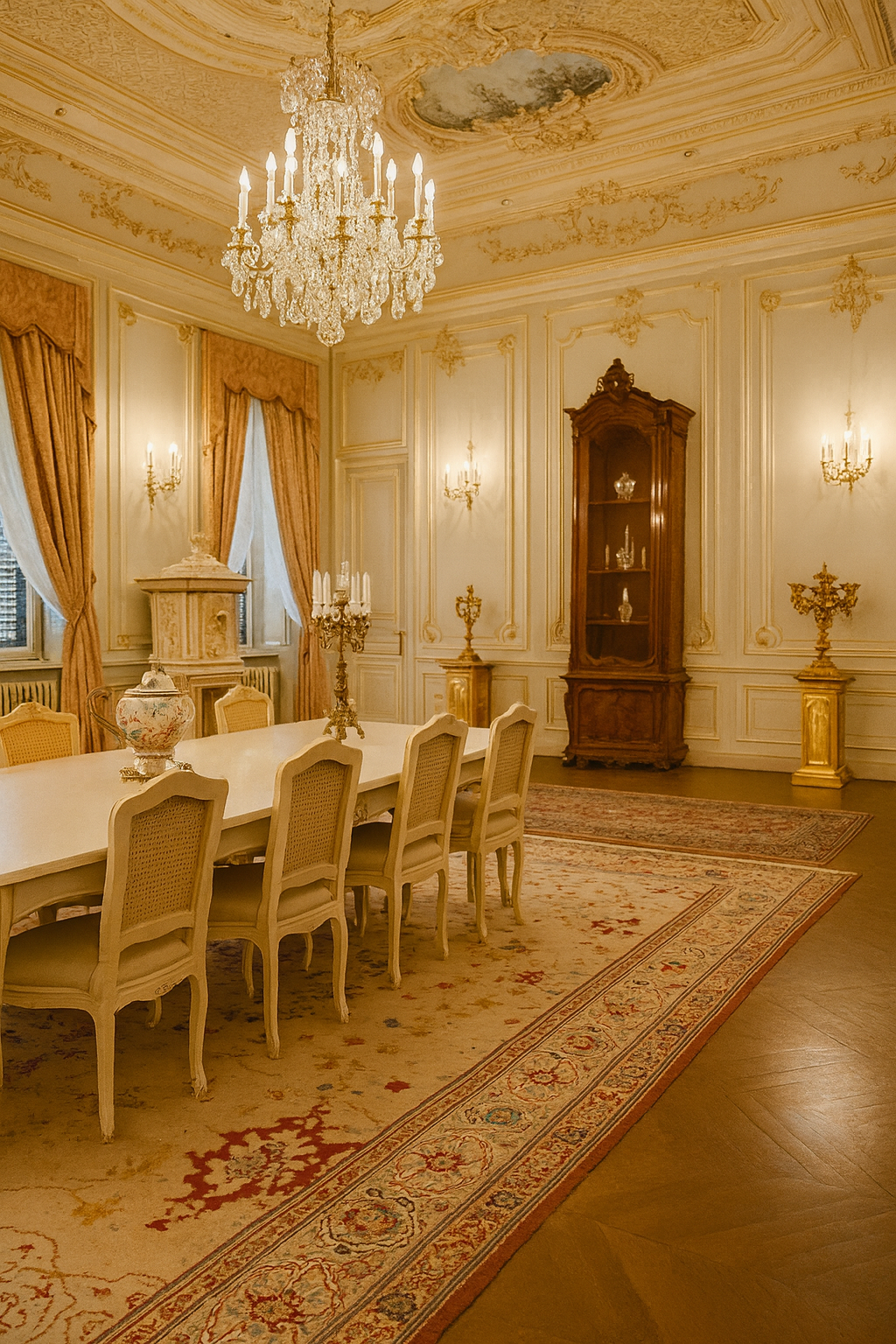 Luxurious classical European dining room with chandelier and ornate walls.