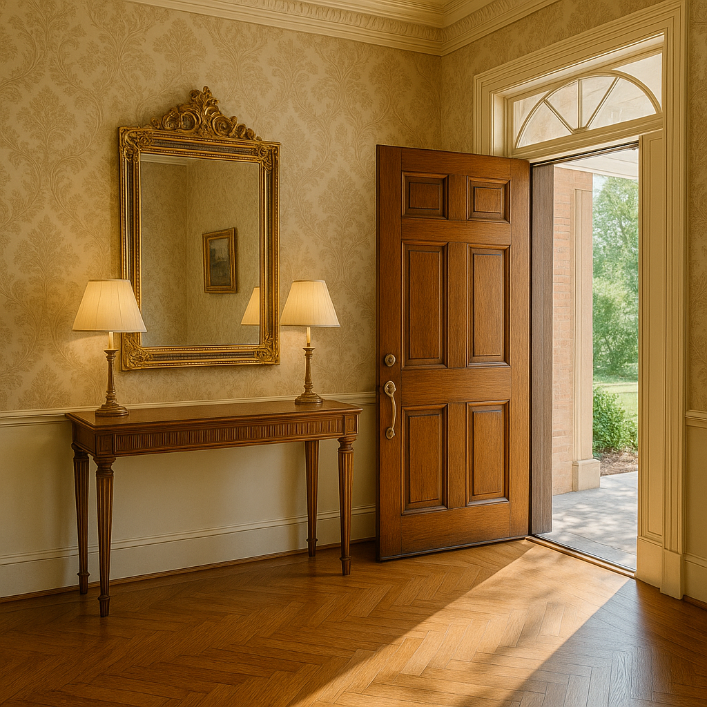 Elegant entry hall where a balanced console, mirror, and lighting set the tone for the home.